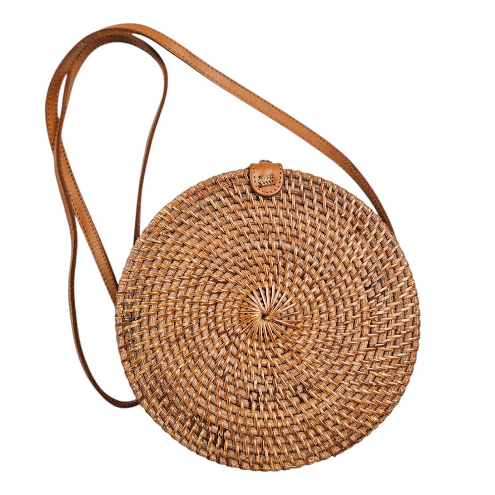 Woven Rattan Natural Wicker Circular Crossbody Shoulder Bag Boho Beachy
